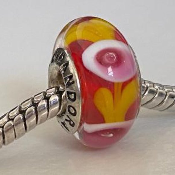 PANDORA Silver 925 ALE Murano Glass Screw Core Pink, Yellow, Red  Flower Blossom - Picture 4 of 8